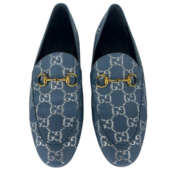 Gucci Horsebit Jordaan Lame Fabric Loafers Blue Silver Size 37.5 - Picture 7 of 13